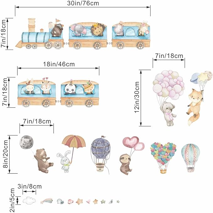 Hot Air Balloon Animal Wall Decals - Elephant Lion Giraffe Train Animal Wall Stickers - Baby Nursery Kids Girls Bedroom Daycare Wall Decor