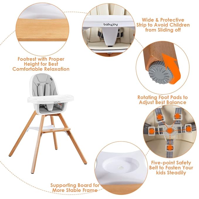 BABY JOY 3 in 1 High Chair, Baby Eat & Grow Convertible Wooden High Chair/Rocking Chair/Booster Seat/Toddler Chair, Infant Dining Chairs w/Double Removable Tray, 5-Point Seat Belt & PU Cushion, Gray