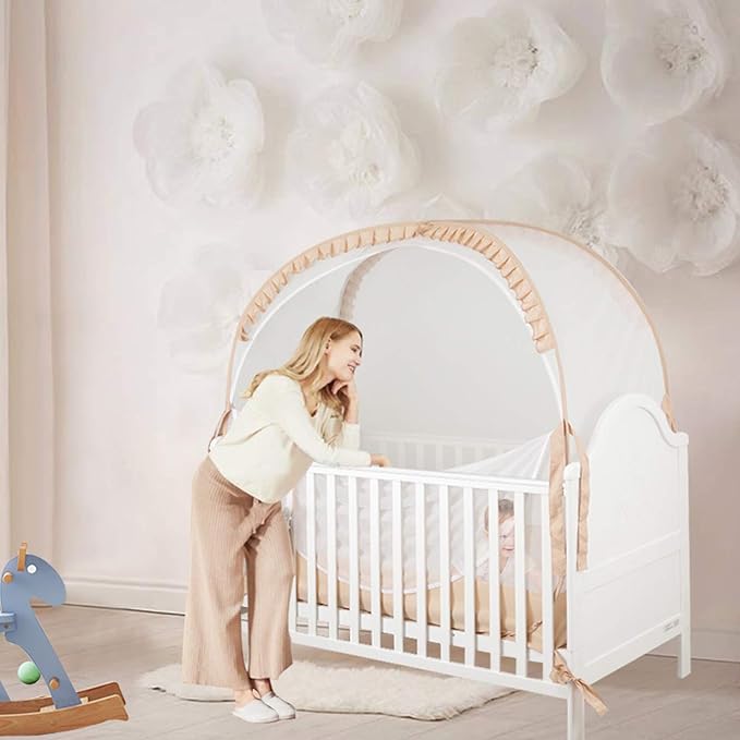 Baby Safety Crib Tent Infant Pop up Mosquito Net Nursery Bed Canopy Netting Cover - Keep Baby from Climbing Out with Hanging Diaper Storage Bag (Beige)