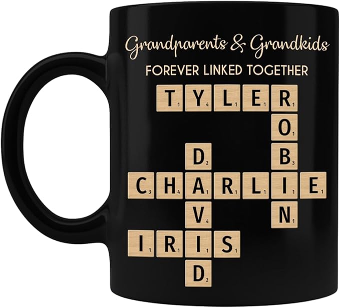 Family Forever Linked Together Custom Names Ceramic Mug, Crossword Puzzle Art, for Birthday, Anniversary or Special Occasions (Grandparents & Grandkids Forever Linked Together Black Mug)