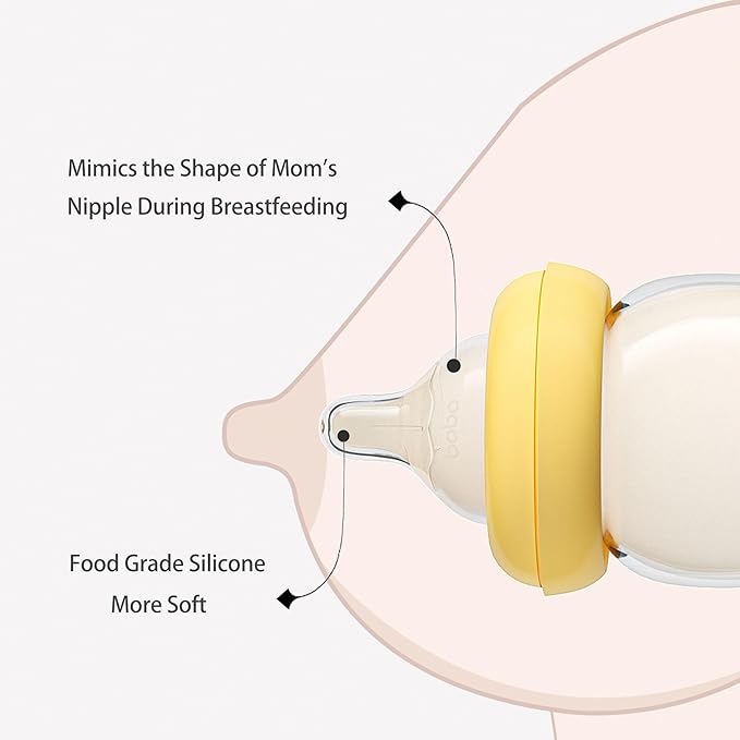 YOHKOH Natural Glass Baby Bottle with Natural Response Nipple, Newborn Anti-Colic Baby Bottles, Wide Neck Mushroom Cap Baby Bottle, Clear (8.8ounce (Pack of 2), Yellow1)