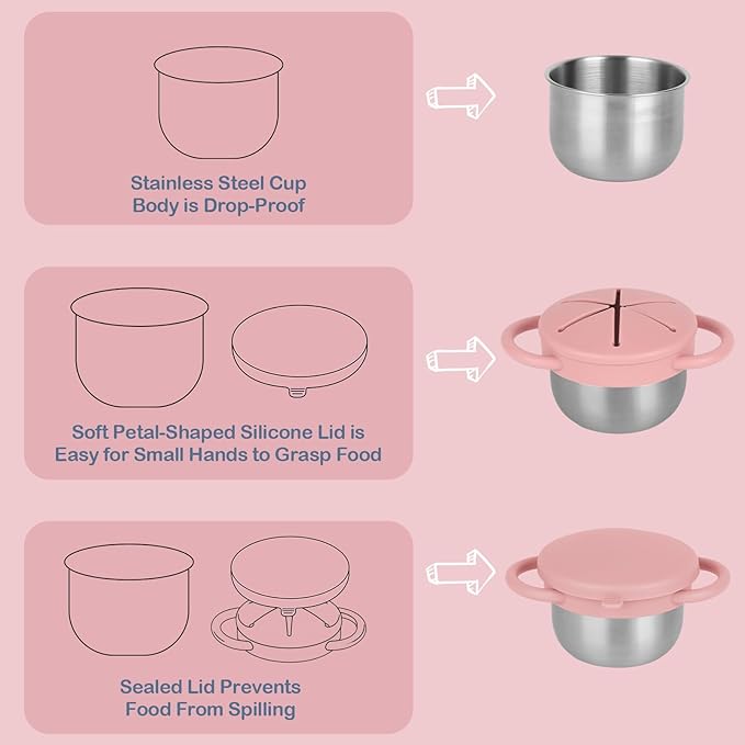 2 Pack Snack Cups for Toddlers Spill Proof - Detachable Stainless Steel Toddler Snack Cups with Silicone Lids & Handles - Dishwasher Safe Baby Snack Containers for Mess-Free Snacking (Green and Pink)