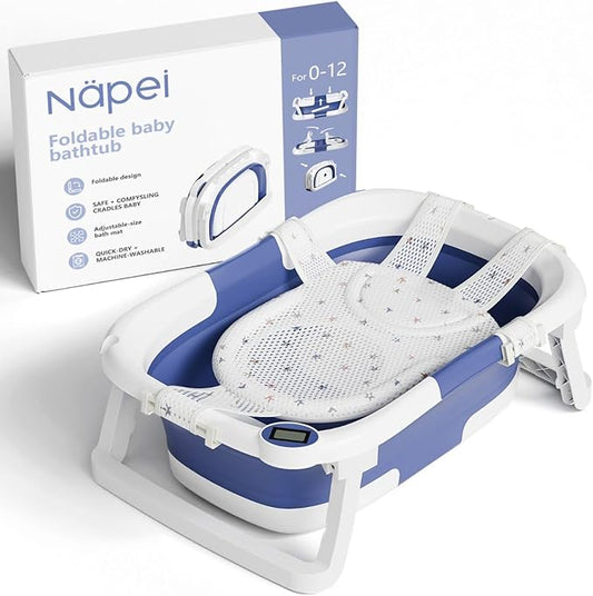 Collapsible Baby Bathtub,Baby Bath Tub with Soft Cushion & Thermometer,Baby Bathtub Newborn to Toddler 0-36 Months,Portable Travel Baby Tub