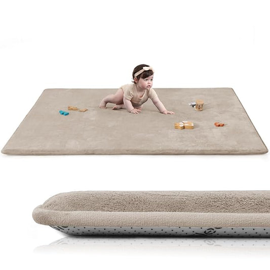 Baby Play Mat for Floor,Extra Large 59"×71" Tummy Time Mat,Thicker Memory Foam Mat for Toddler,Infant,Kids,Water Repellent Ultra Soft Coral Velvet,Non-Slip Backing Safe for Crawling(Beige)