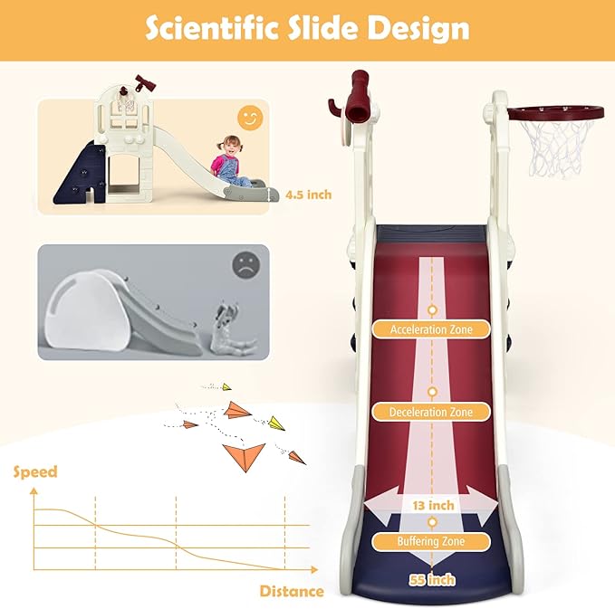 BABY JOY Toddler Large Slide, 6 in 1 Slide for Kids with Basketball Hoop, Ring Toss, 2 in 1 Convertible Climbing Way, Freestanding Kids Slide Climber Set for Indoors Outdoor Boys Girls Gifts Present