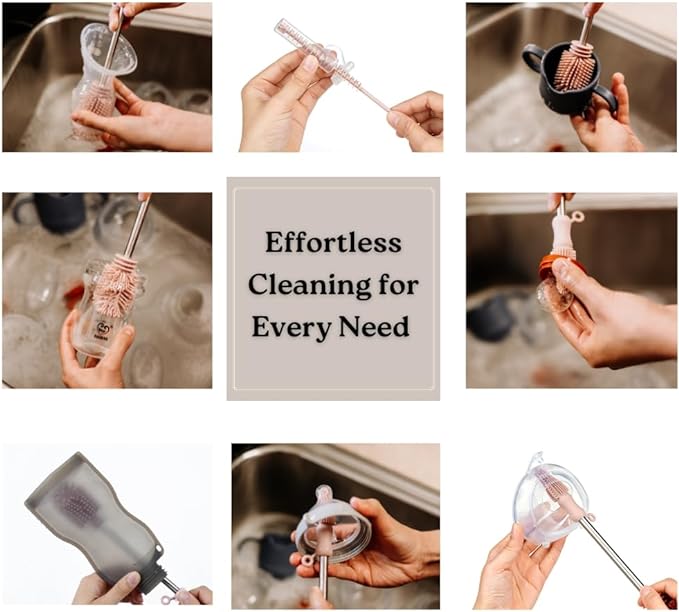 Haakaa Silicone Cleaning Brush Kit – Household Cleaning Brushes for Bottles and Crevices – Food-Grade Silicone: Dishwasher Safe (Brush-Grey)
