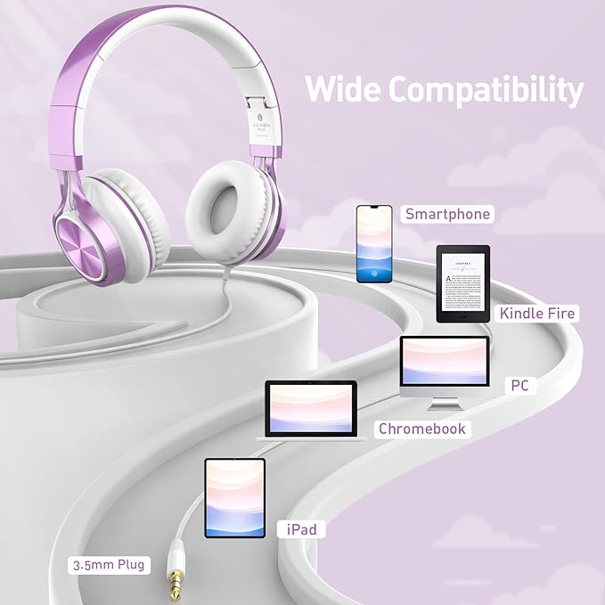 AILIHEN MS300 Purple Girl Headphones Wired with Microphone for Chromebook Laptop Computer, 3.5mm Foldable Lightweight on-Ear Headphones for School Teen Students