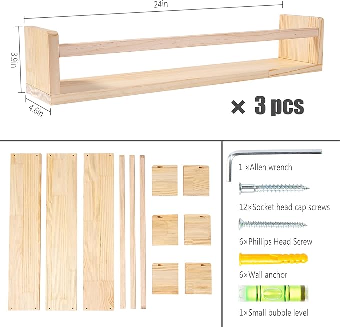 AZSKY Nursery Book Shelves 24 Inch Rustic Natural Wood Floating Shelves,Wall Book Shelves for Farmhouse,Bathroom Décor,Kitchen Spice Rack or Book Shelf Organizer for Home Décor,a Set of 3 Same Sizes
