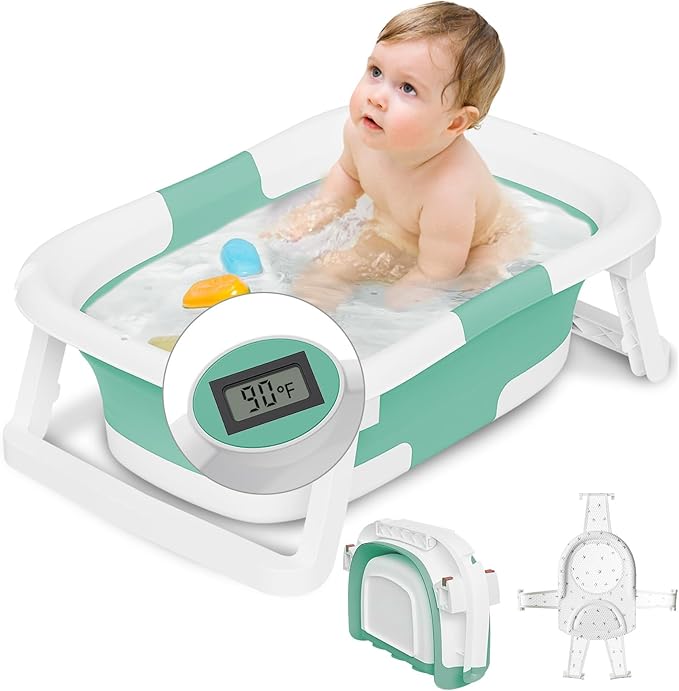 Collapsible Baby Bathtub,Baby Bath Tub with Soft Cushion & Thermometer,Baby Bathtub Newborn to Toddler 0-36 Months,Portable Travel Baby Tub