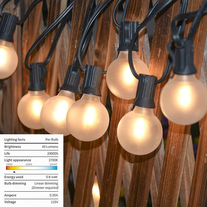 50Ft LED Outdoor Patio String Lights - Waterproof Globe Lights with 52 Shatterproof Frosted Bulbs, Connectable for Wedding, Party, Christmas & Garden Decor, Black Wire