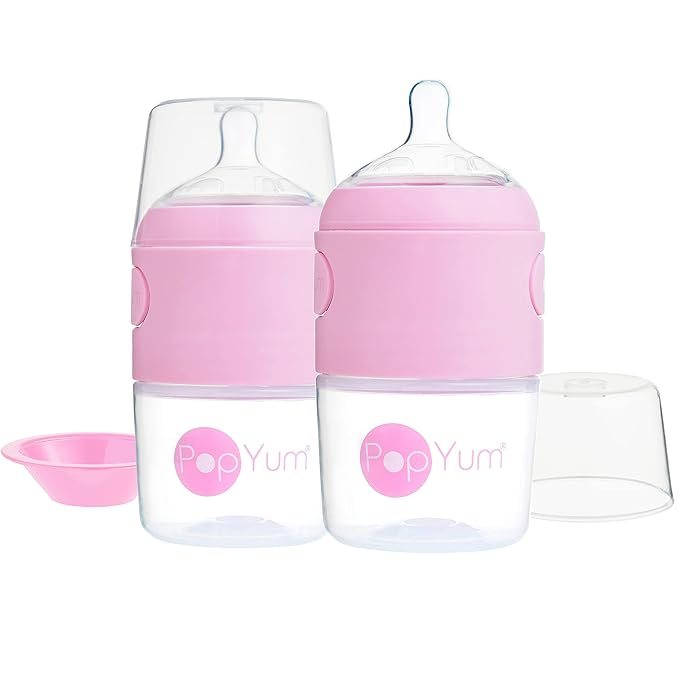 PopYum 5 oz Pink Anti-Colic Formula Making/Mixing/Dispenser Baby Bottles, 2-Pack with #1 Slow Flow Nipples, 150 ml, BPA-Free, Natural Latch