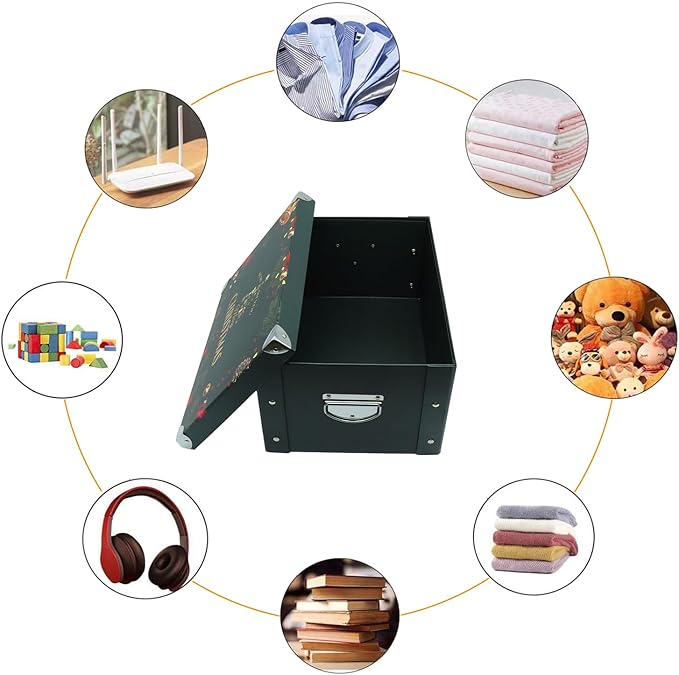 GUOZI Collapsible Storage Box, Decorative Memory Box with Lid & Metal Reinforced Corners, Cardboard File Bin with Handles, Organizer Gift Box for Keepsake Toy Photos Office Nursery Wardrobe Bookshelf