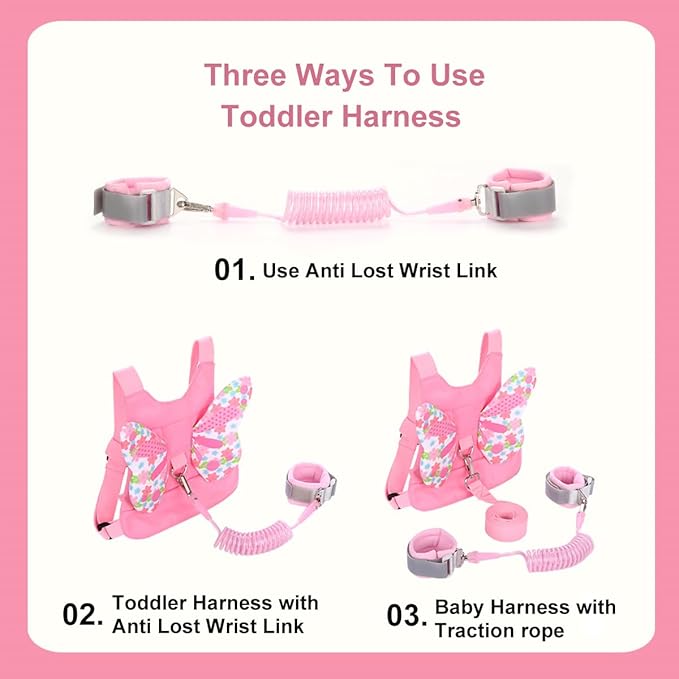 Anti Lost Toddler Harness - Butterfly Baby Leash and Wrist Link with Lock, Child Walking Harness Assistant for Girls, Cute Traction Safety Leash for Kids, Holiday Travel Christmas Gift, Pink