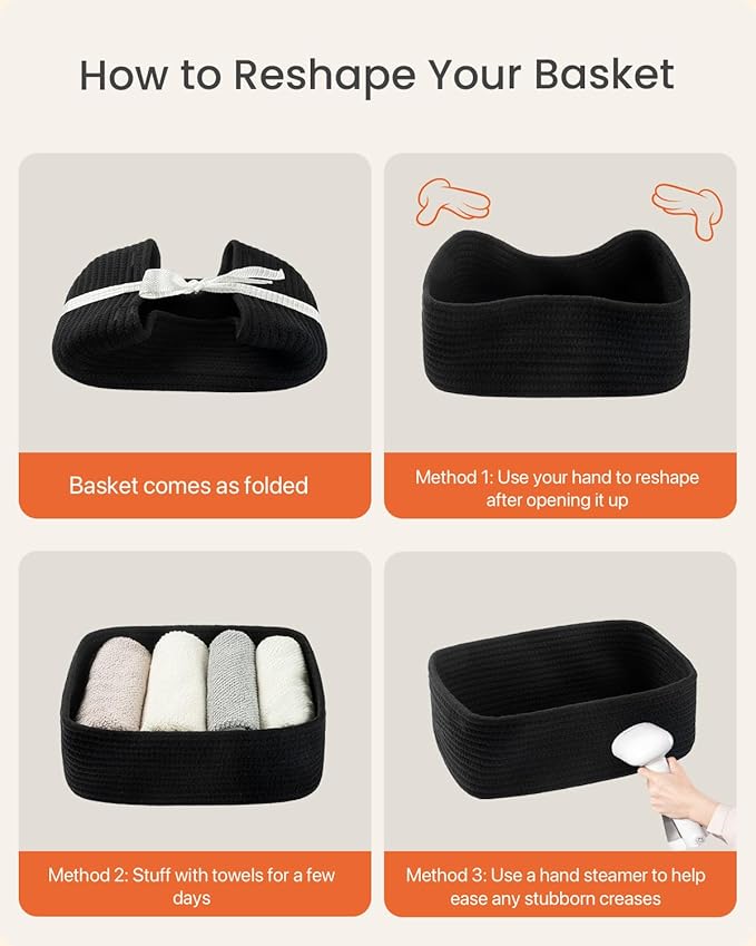 KALLAX Small Woven Basket, 12 x 8 x 4.5 Inches, Storage Basket for Organizing, Cute Small Rope Shelf Closet Cube Storage Bins Baskets for Shelves, Dog Toy Gift Baskets Empty, 3 Packs, Black