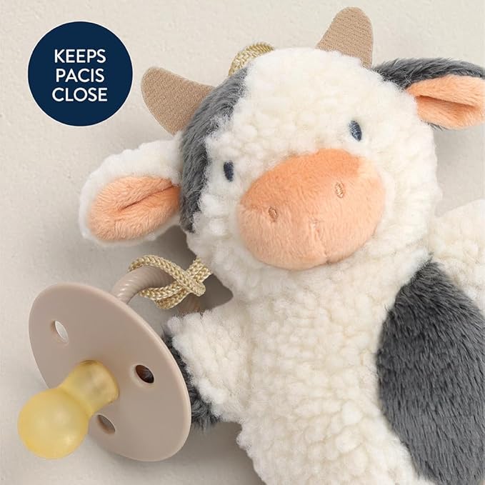 Itzy Ritzy Pacifier & Lovey Set - Natural Rubber Pacifier with Stuffed Animal Lovey - Detachable Plush Cow Binky Holder & Coordinating Natural Rubber Binky, Ideal for Ages 0-6 Months (Cow)