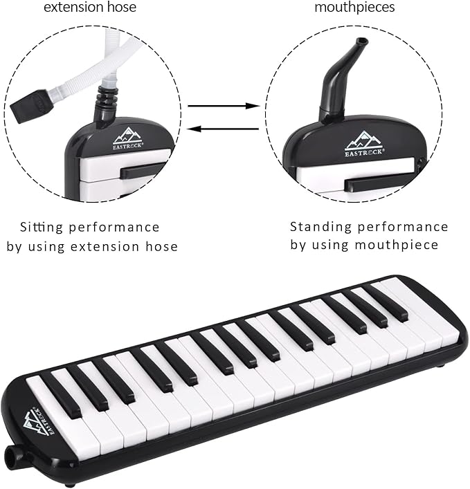 EASTROCK 32 Key Melodica Instrument Air Piano Keyboard Soprano Melodica with 2 Mouthpieces Tube Sets Carrying Bag for Beginners Adults Gift Black