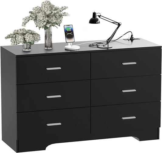 Dresser with Power Outlets Wooden 6 Drawer Dresser with USB and Type C Port Chest of Drawers for Bedroom Tall Black Organizer Storage for Living Room Hallway Closet