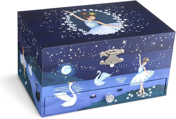 Jewelkeeper Girl's Ballerina Musical Jewelry Storage Box with Pullout Drawer, Glitter Design, Swan Lake Tune Blue