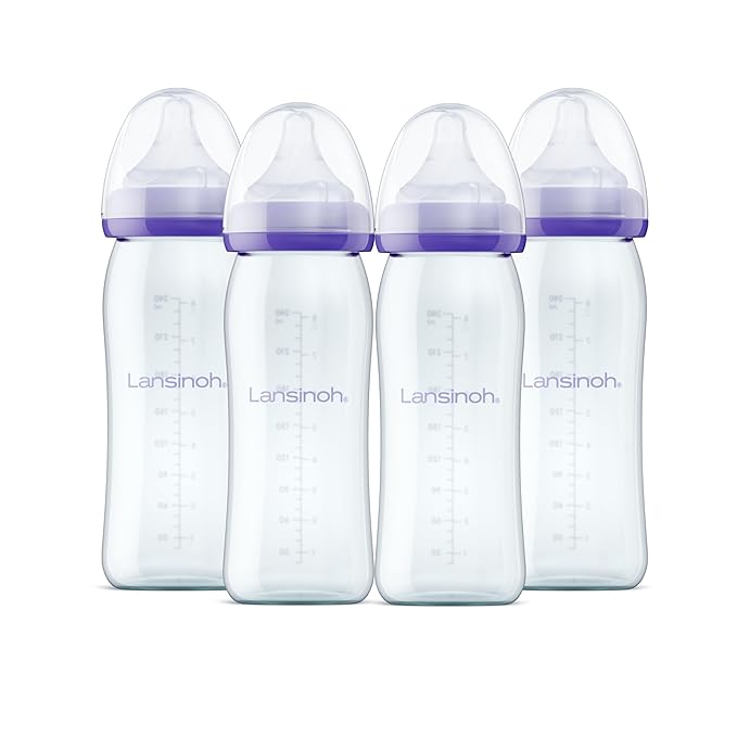 Lansinoh Anti-Colic Glass Baby Bottles, 8 Ounces, 4 Count Bottles for Feeding, Baby Essentials, Includes 4 Medium Flow Nipples, Size M