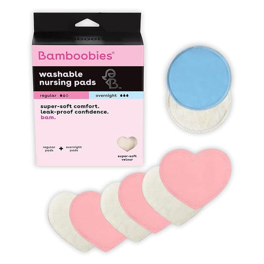 Bamboobies Nursing Pads, Ultra-Soft Velour, Reusable, Washable & Leak-Proof, 6 Ultra-Thin and 2 Overnight Pads for Breastfeeding