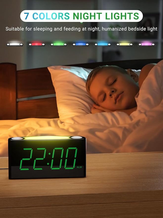 Alarm Clock for Bedroom, 7.5" Large Display LED Digital Clock with 7 Color Night Light,USB Phone Charger,Dimmer,Battery Backup,Easy to Set Loud Bedside Clock for Heavy Sleepers Adult Teen Kid Boy Girl