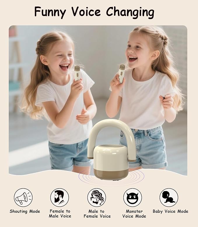 EWA Portable Mini Metal Karaoke Machine, Bluetooth Karaoke Speaker with 2 Wireless Microphones, Ideal Gifts for Girls Boys Family Home Party Birthday Christmas Toys Gifts-(Beige)