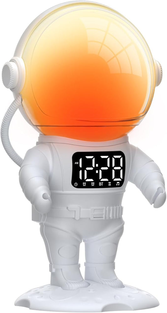 Astronaut Sunrise Alarm Clock for Kids, White Noise Sound Machine with 30 Soothing Sounds, 22 Dimmable Nightlights, Bluetooth Speaker, Dual Digital Alarm Clocks, Wake Up Light for Bedroom, Adults