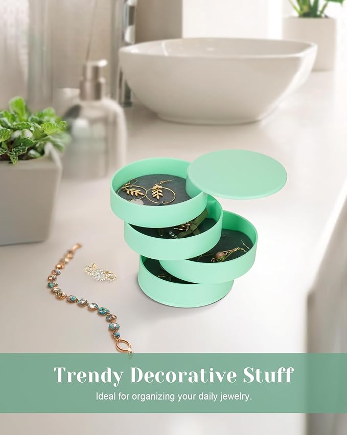 CONBOLA Jewelry Organizer, Small Jewelry Storage Box Earring Holder for Women, 4-Layer Rotating Travel Jewelry Tray Case with Lid for Bracelets Rings Bracelets