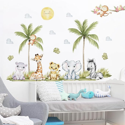 56.29 x 44.88 Inch Watercolor Animal Wall Decals - Jungle Stickers With Tiger, Elephant, Zebra, Giraffe, Monkey, Hippo for Baby Nursery, Bedroom, Classroom, Kindergarten Decor