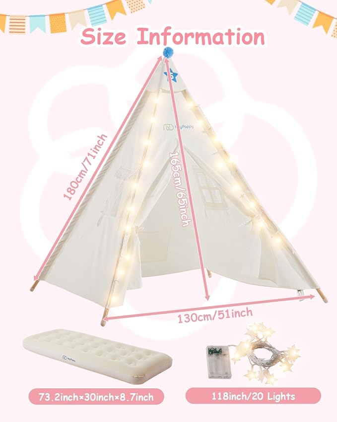 6 Pack Teepee Tent for Kids with Inflatable Airbed, Light, Toddler Tent Children Room Tents, Slumber Party Sleepover Tents, Indoor Outdoor Kids Playtent Playhouse for Girls & Boys