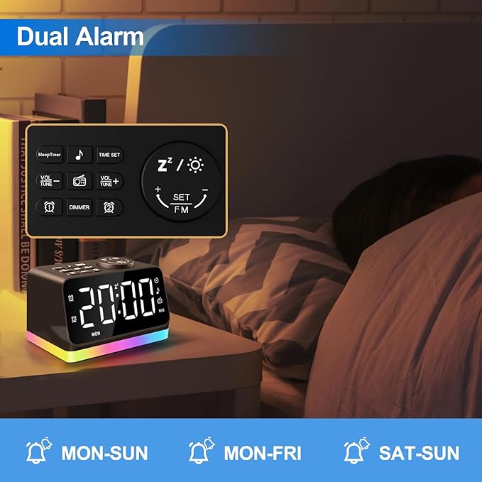 Digital Alarm Clock with FM Radio for Bedroom, 8 Colors Night Light with 2 Charging Port, Sleep Sound Machines with Timer, Dual Alarm, Loud Alarm and Easy to Use for Seniors and Kids as Gift (Black)