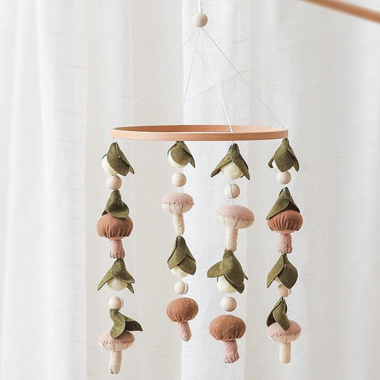 Baby Mobile for Crib,Crib Mobile for Boys Girls, Soft Crib Toys Hanging，Baby Mobile for Bassinet，Boho Nursery Decor Neutral（Mushroom，Leaves,Cotton）