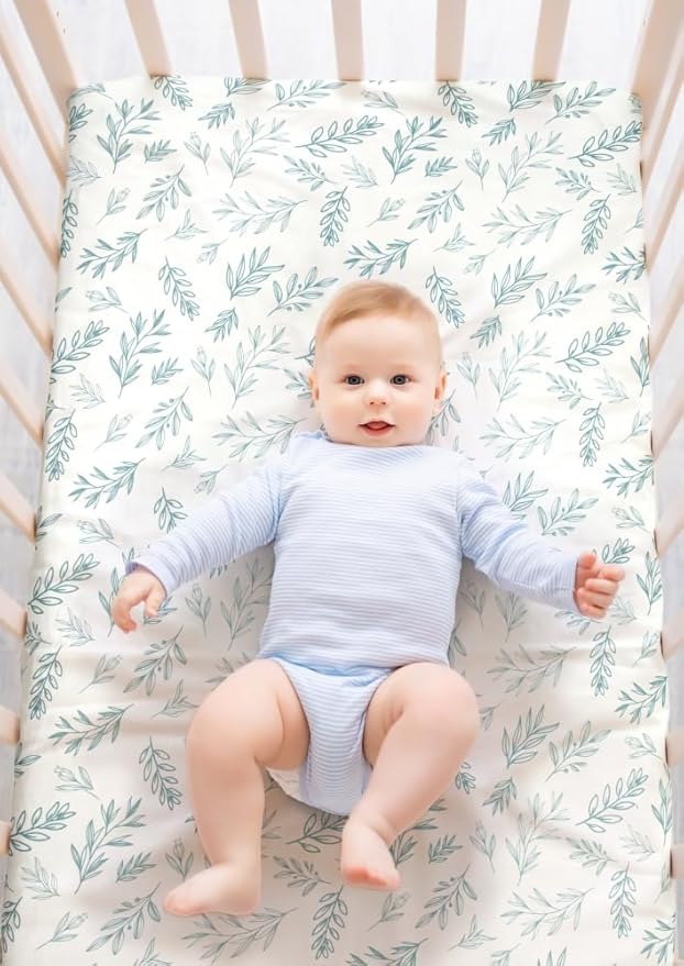 4 Pack Sage Green Fitted Nursery Sheets Breathable Neutral Unisex Baby Sheets for Boys or Girls with Leaf and Flower Design Standard Crib Sheet (Green, Crib Sheet)