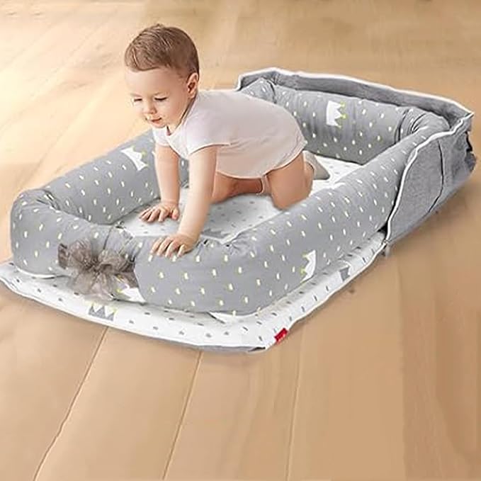 Baby Lounger for Newborn Portable Bag,Baby Lounger Play Mat for Awake-Time,Newborn Babies Essentials Gifts 0-24 Months Home Travel(Crown Grey)