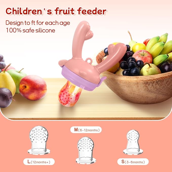 Baby Fruit Food Feeder - Silicone Nibble Tray Combo - Breastmilk Popsicle Mold for Cooling Relief, BPA Free Mesh Feeder for Infant Self Feeding (Antler Pink + Pineapple)