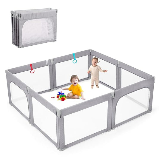 Foldable Baby Playpen, Shape & Size Adjustable Playpen for Toddler, 79x71 Large Play Pens Safety Mesh Foldable Playard for Babies, Portable Baby Fence Play Area Kids Play Pen, Grey