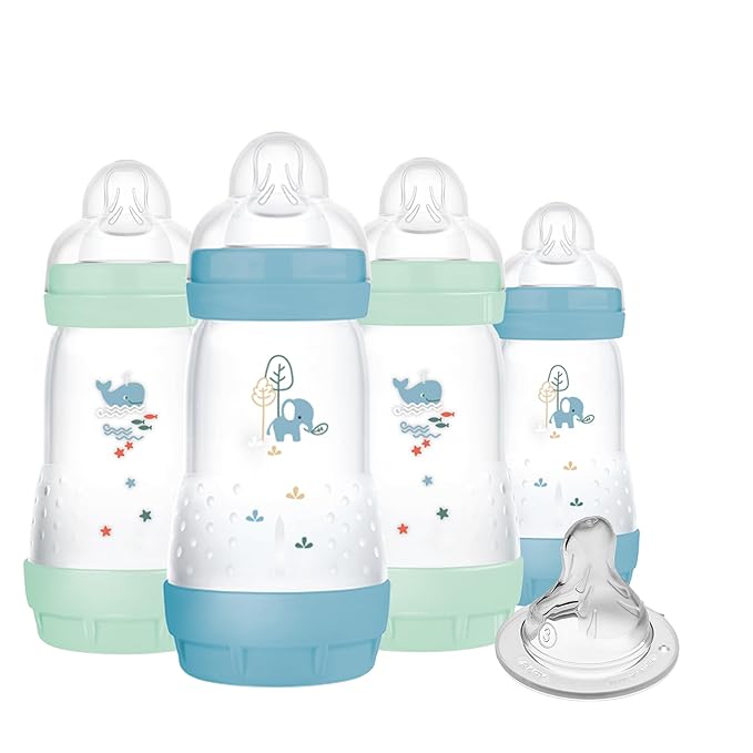 MAM 9oz Easy Start Anti-Colic Baby Bottles, Medium Flow with Bonus Fast Flow Nipple, Breastfeeding-Like Silicone, Reduces Colic and Gas, Easy-to-Clean, BPA-Free, 2 Plus Months