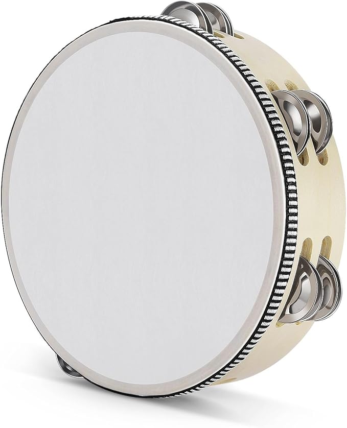 Flexzion Wood Handheld Tambourine for Adults 8-Inch Double Row 8-Pair Jingles (Wood) - Percussion Round Tamborines Musical Instrument with Metal Zills