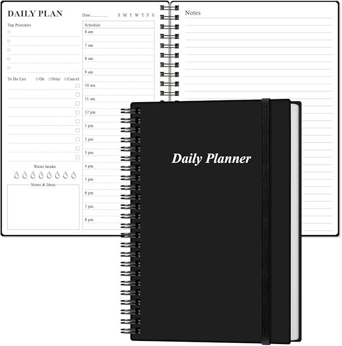 Daily Planner Undated - A5 To Do List Notebook Hourly Schedules, Spiral Appointment Planner for Women and Men, PVC Hardcover, Inner Pocket, Elastic Closure, 5.8" x 8.3", Black