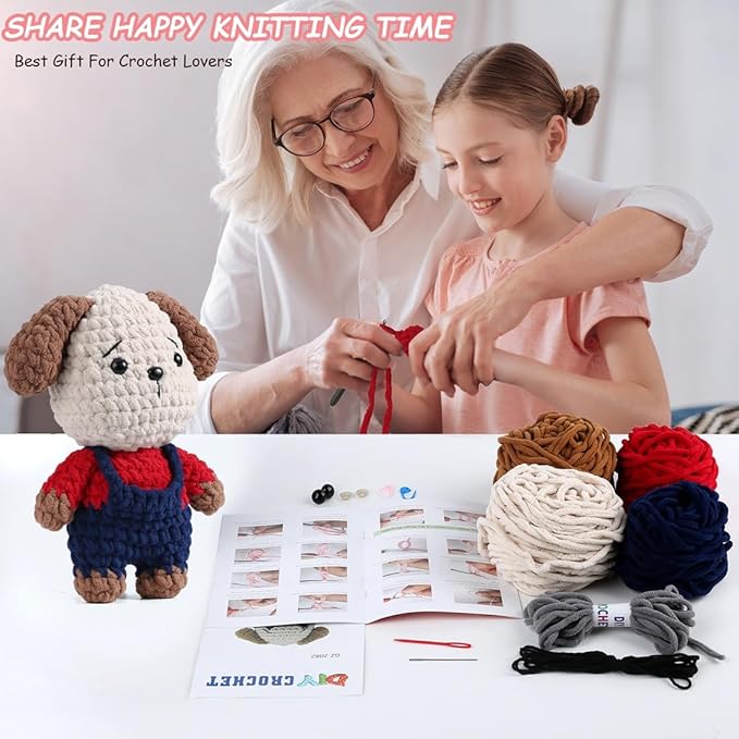 Crochet Animal Kit – 10in Adorable DOG, Amigurumi Crochet Kit For Intermediate Advanced Level, Kids Knitting Kit With Detailed Videos Tutorials, Yarn, Crochet Hook, Best Gift For Crochet Lovers(DOG)