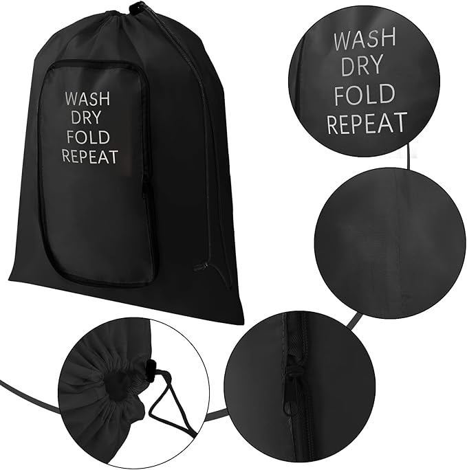 2 Pcs Travel Laundry Bag Washable Dirty Clothes Bag with Drawstring and Zipper for Suitcase, 22 x 18 Inch (Black,Classic)