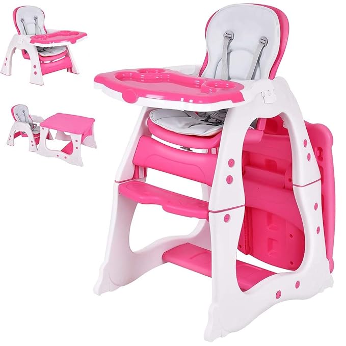 Costzon Baby High Chair, 3 in 1 Infant Table and Chair Set, Convertible Booster Seat with 3-Position Adjustable Feeding Tray, Adjustable Seat Back, 5-Point Harness (Pink)