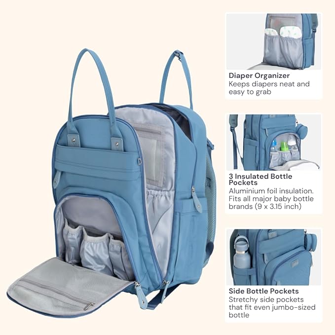 BabbleRoo Diaper Bag Backpack - Baby Essentials Travel Tote - Multi function Waterproof Diaper Bag, Travel Essentials Baby Bag with Changing Pad, Stroller Straps & Pacifier Case - Unisex, Light Blue