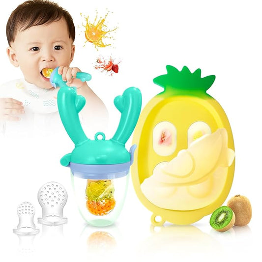 Baby Fruit Food Feeder - Silicone Nibble Tray Combo - Breastmilk Popsicle Mold for Cooling Relief, BPA Free Mesh Feeder for Infant Self Feeding (Antler Blue + Pineapple)