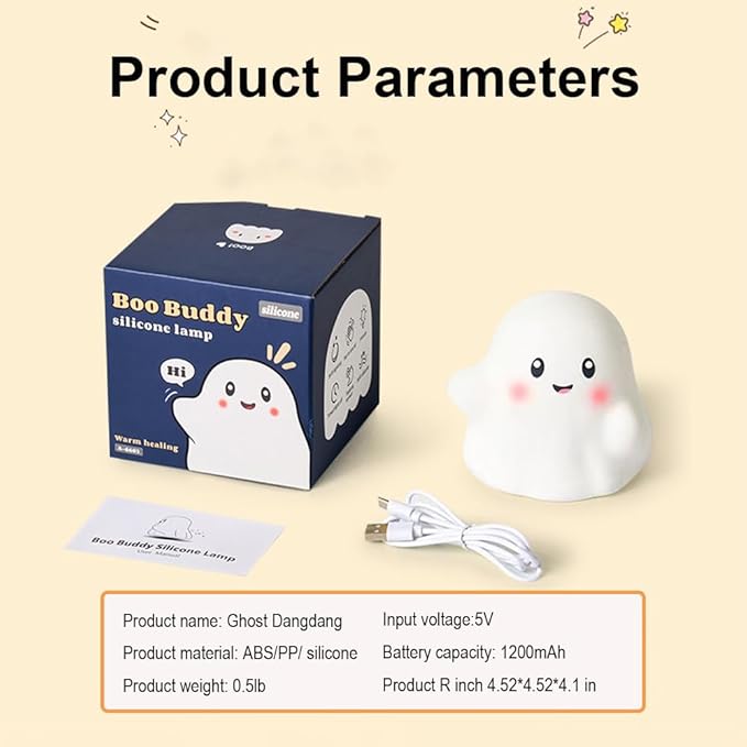 Ghost Night Light for Kids, Silicone Nursery Nightlight with 13 Interactive Sound Effects ,Halloween Decor Lamp Adjustable Dimmable Lamp with Touch Sensor Children's Christmas Gifts (white ghost)