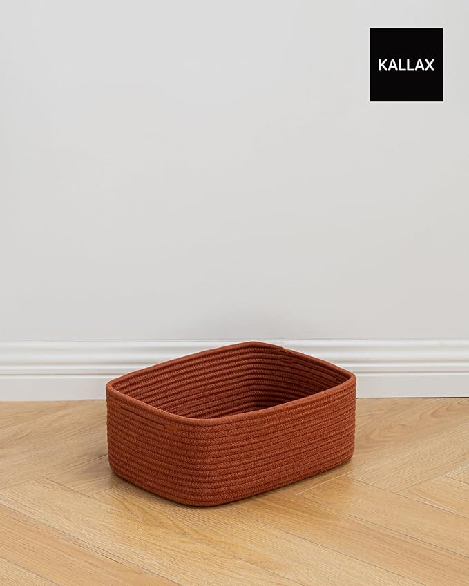 KALLAX Small Woven Basket, 13.5 x 9.5 x 5 Inches, Storage Basket for Organizing, Cute Small Rope Shelf Closet Cube Storage Bins Baskets for Shelves, Dog Toy Gift Baskets Empty, 3 Pack Rust Red