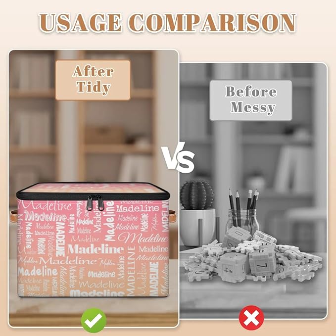 Custom Storage Basket with Name, Personalized Storage Bins with Zipper Lid, Foldable Fabric Storage Box Large capacity with Handle Pink Apricot