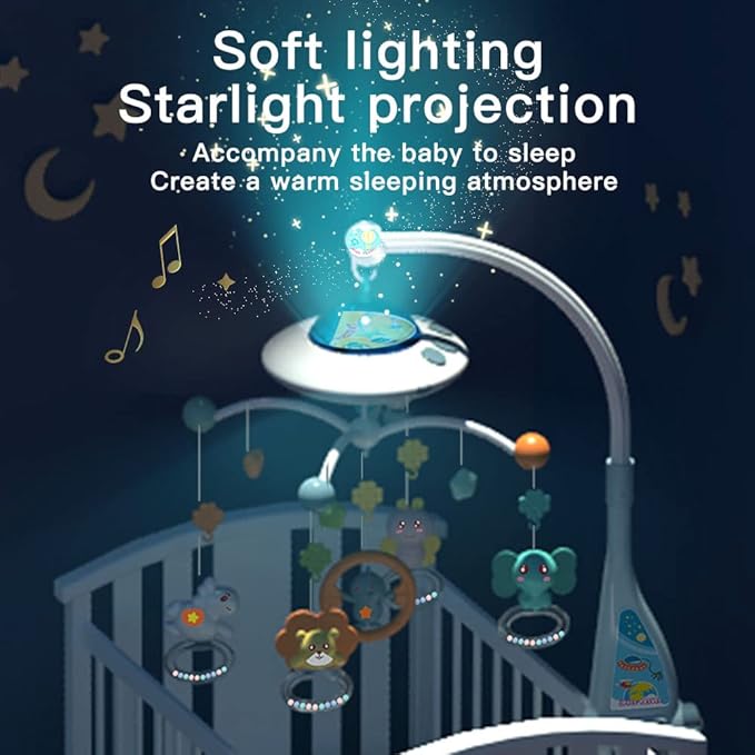 Baby Musical Crib Mobile with Night Lights and Relaxing Music,Hanging Rotating Animals Rattles,Stars Projection,Remote Control,for Boy Girl Newborn Baby Toys（Blue）