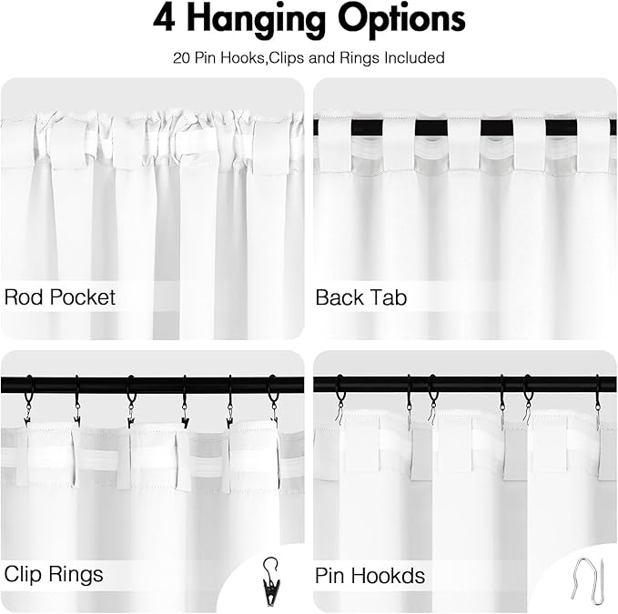 ANRODUO Back Tab Blackout Curtains for Bedroom Living Room, Rod Pocket Pinch Pleated Thermal Insulated Room Darkening Curtains 72 Inches Long 2 Panels, White, 42 x 72 Inch