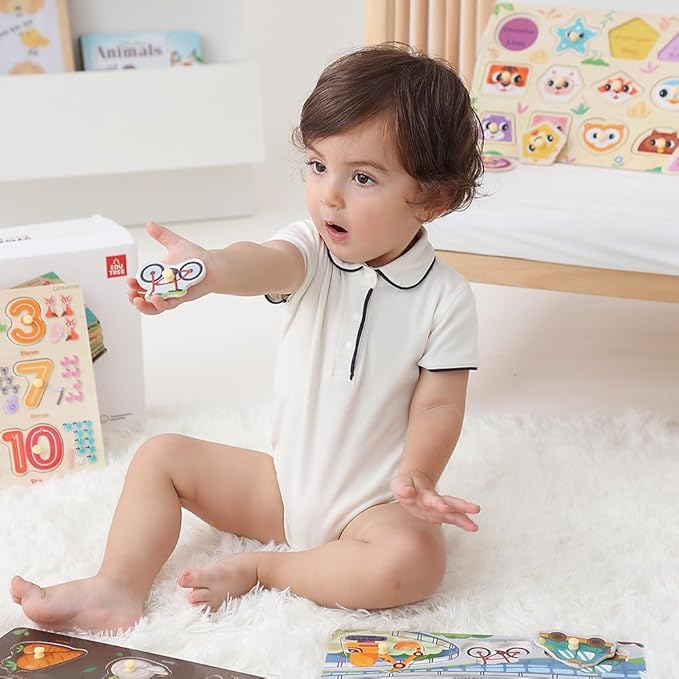 GRINNNIE 9 Pack Montessori Toddler Puzzle for 3 4 5 Years Old, Wooden Learning Puzzle for Toddlers 3-5, Animal, Alphabet, Number, Shape Peg Puzzles Set, Great Birthday for Boys Girls